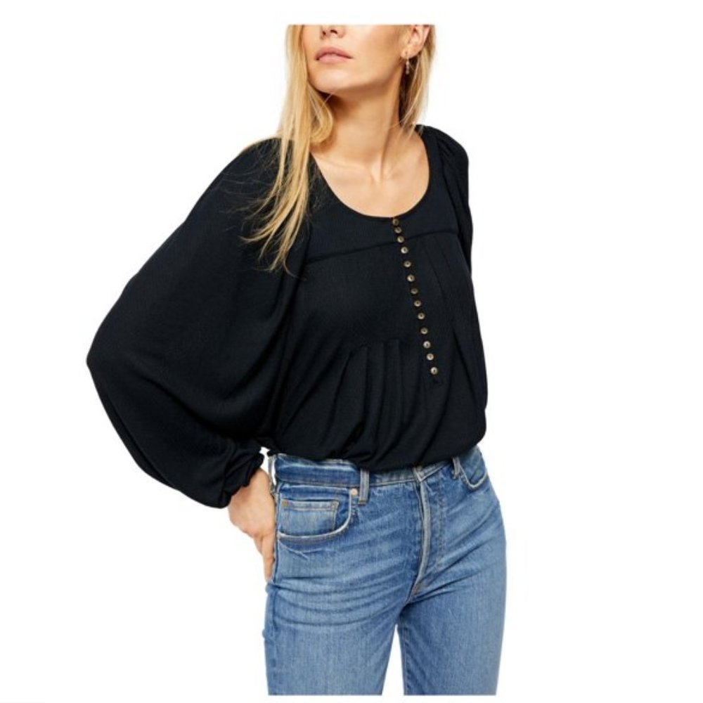 Free people Black Buttoned Pouf Scoop Neck Top
